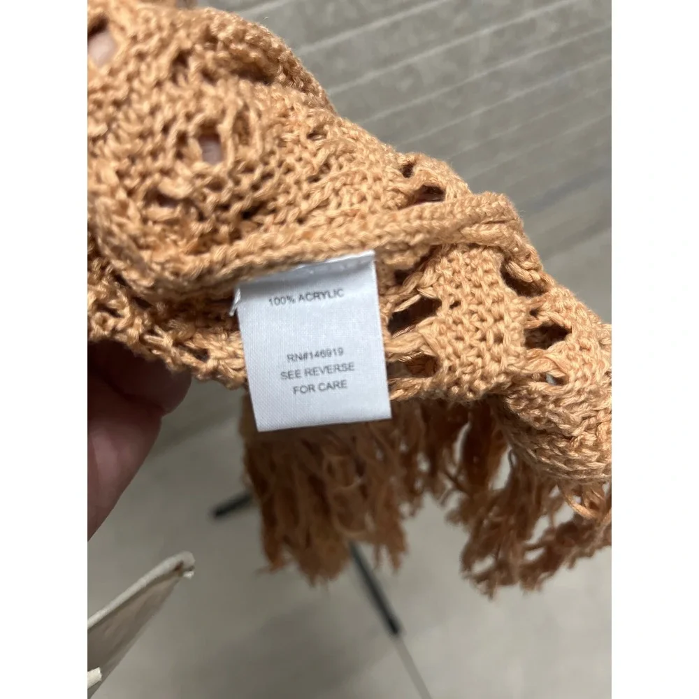 Freshman 1996 Tan Crochet Open Knit Longline Fringe Vest Cardigan XL Womens